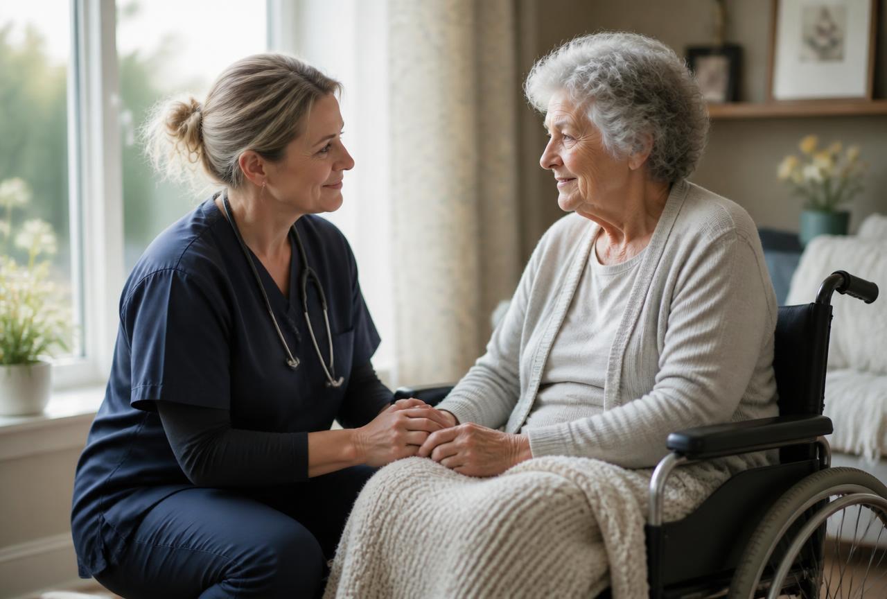 Hospice nurse holding the hand of an elderly woman in a wheelchair